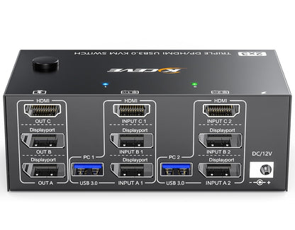 KVM Switch for 2 PCs, 3 monitors at 4K@144Hz and 8K@60Hz. Triple monitor KVM switch with HDMI+2 DisplayPort for sharing 3 monitors and 4 USB 3.0 devices between 2 computers. Includes cable remote and 12V DC power supply.