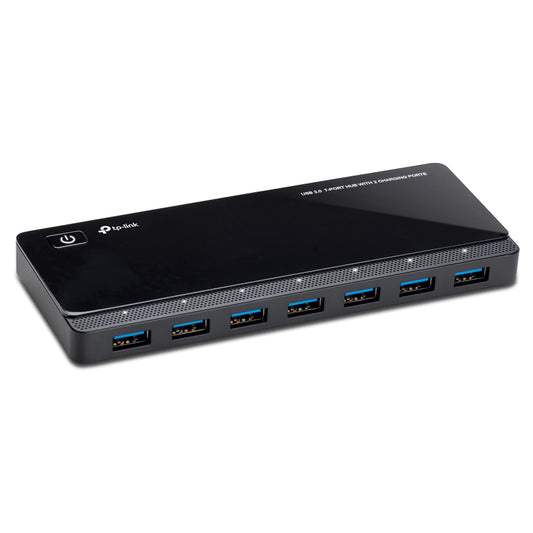 TP-Link UH720 7-Port USB 3.0 HUB + 2 charging ports (2.4A) for tablets and smartphones, includes power adapter and USB 3.0 cable, up to 5 Gbit/s, hot swapping, supports Windows, Mac OS, Linux, black.