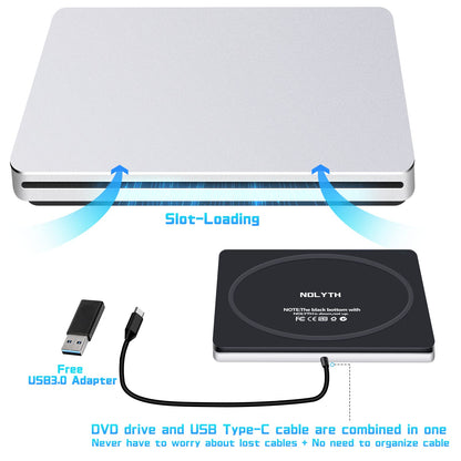 NOLYTH External CD Drive for Laptop, External DVD Drive for Mac MacBook, Slot-in External Optical Drives, Portable USB CD Drive External Burner External Drive for PC Apple Windows Desktop