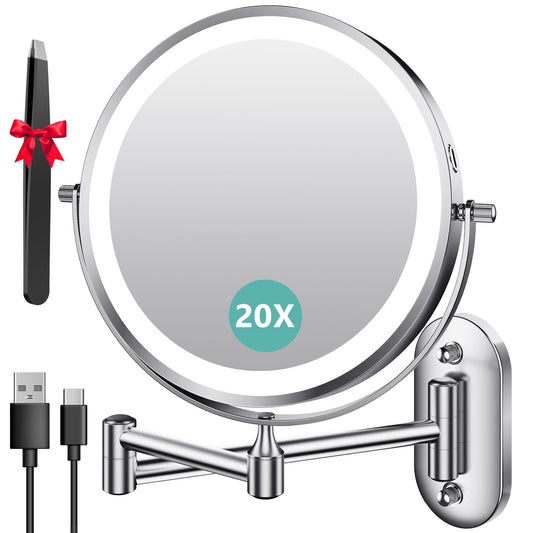 Auxmir Makeup Mirror with Lights, 1X/20X Rechargeable Vanity Mirror, 3200mAh Wall-Mounted Shaving Mirror, Dimmable Magnifying Mirror with 3 Light Colors, 360° Rotatable for Bathroom