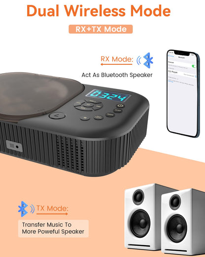 MONODEAL portable CD player with two stereo speakers, Bluetooth, and radio. Rechargeable Discman CD player, supports AUX/USB.