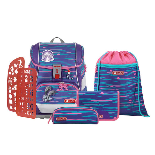 Step by Step School Bag Set 2IN1 Plus Reflect "Shiny Dolphins" 6-piece, purple-blue, dolphin design, ergonomic backpack with reflectors, adjustable height with hip belt for 1st grade girls, 19L.