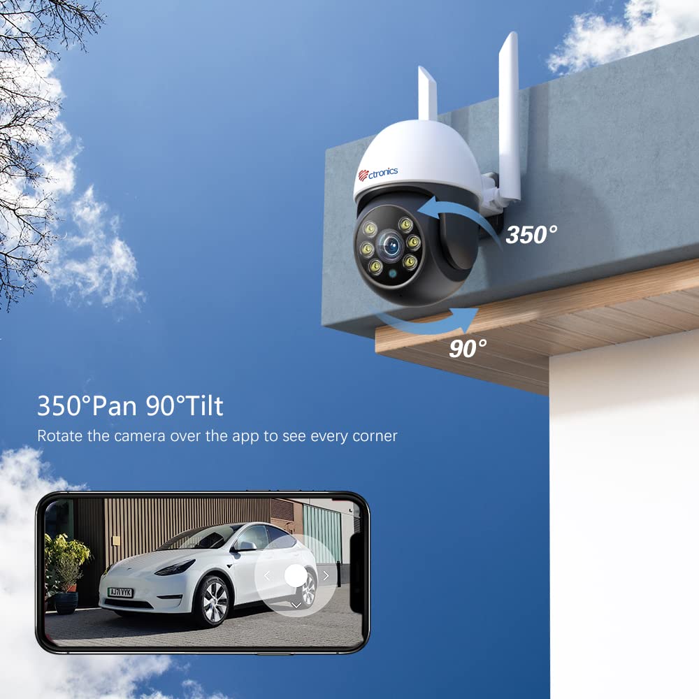 Ctronics PTZ Outdoor Surveillance Camera Set with Auto Tracking, Color Night Vision, Person Detection, 1080P Wireless IP Camera Outdoor WiFi, 350°/90° Pan/Tilt, 2-Way Audio, Cloud Storage.