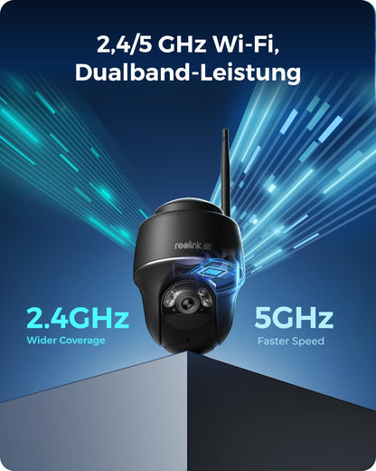 Reolink 4K outdoor surveillance camera with solar panel, 360°/140° pan/tilt, spotlight, color night vision, 2.4/5GHz WiFi, AI detection, Argus PT Ultra (Black) + solar panel.