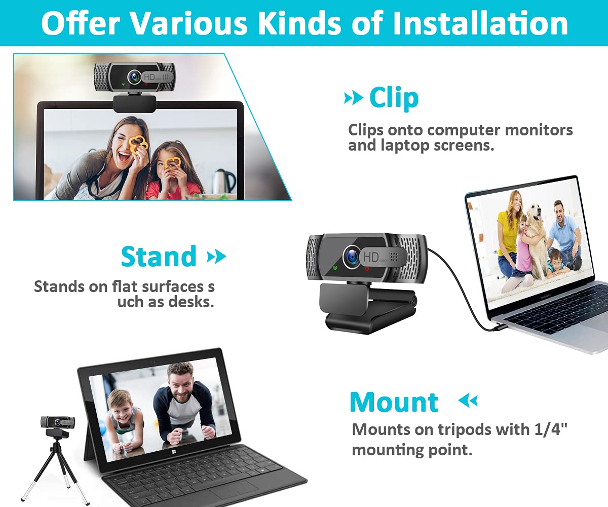 Full HD 1080P webcam with microphone and tripod, automatic light correction, Neefeaer USB PC webcam with cover, 97° wide angle, PC camera for PC, laptop, computer, Linux, Mac