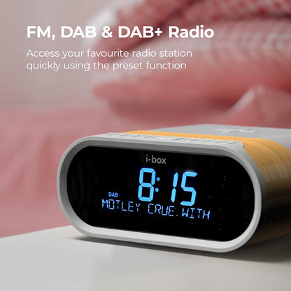 i-box DAB/DAB+ & FM Radio Alarm Clock, wireless fast 10W Qi charging Large digit display Dual alarm with Bluetooth 5.0, 2x5W stereo speakers, DAB Radio, 2X USB charging ports
