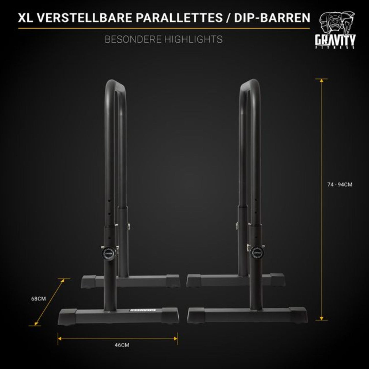 Gravity Fitness Dip Bars XL - Adjustable Parallettes for Calisthenics, Home Gym & Professional Use - 38mm handles for Dips, L-Sit, Push-Ups - sturdy bars for strength training