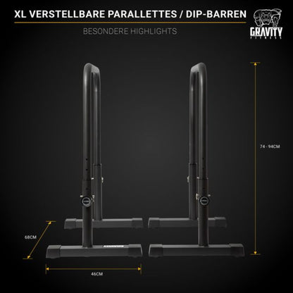 Gravity Fitness Dip Bars XL - Adjustable Parallettes for Calisthenics, Home Gym & Professional Use - 38mm handles for Dips, L-Sit, Push-Ups - sturdy bars for strength training