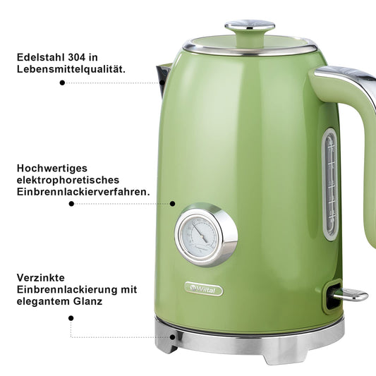 Wiltal kettle [1.7L, 2200W], retro green, stainless steel, toaster kettle set Retro (water temperature display in retro design, external water level indicator) Vintage tea maker...