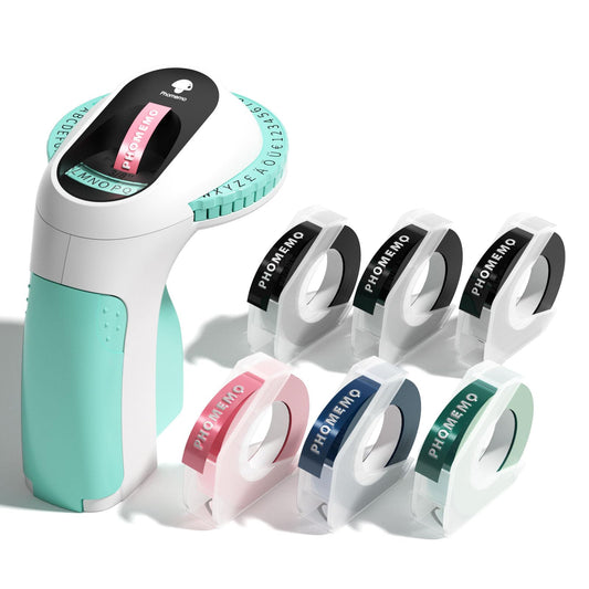 Phomemo Label Printer, 3D Embossing Machine E975, Portable Labeling Device, Green Label Embossing Machine with 6 Label Tapes, Label Printer with (£ € Ä Ö Ü), Easy to Use for Home, Office.