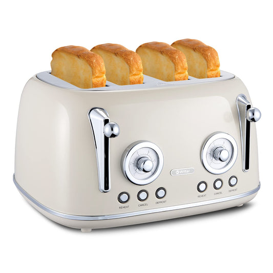 Wiltal 4-Slice Toaster, Long Slot Toaster, Stainless Steel Housing, with Built-in Bun Warmer, With Cover, Browning Control 1-6, Defrost Function, Crumb Tray, Retro Toaster, Cream White.
