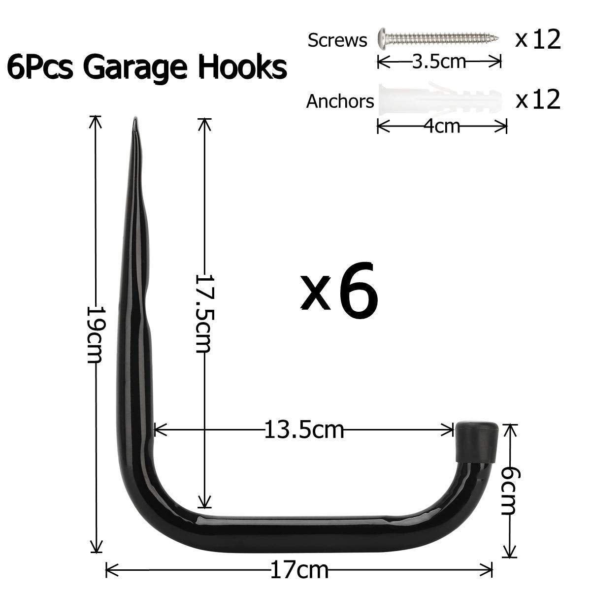 pipabiba 17 cm garage ladder hooks, 6 pieces, sturdy wall mount, organizer for folding chairs, bicycles, power tools, garden hoses (19 cm x 17 cm)