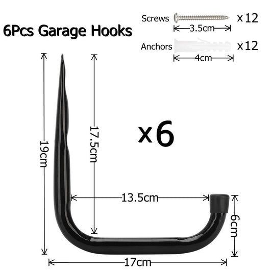 pipabiba 17 cm garage ladder hooks, 6 pieces, sturdy wall mount, organizer for folding chairs, bicycles, power tools, garden hoses (19 cm x 17 cm)