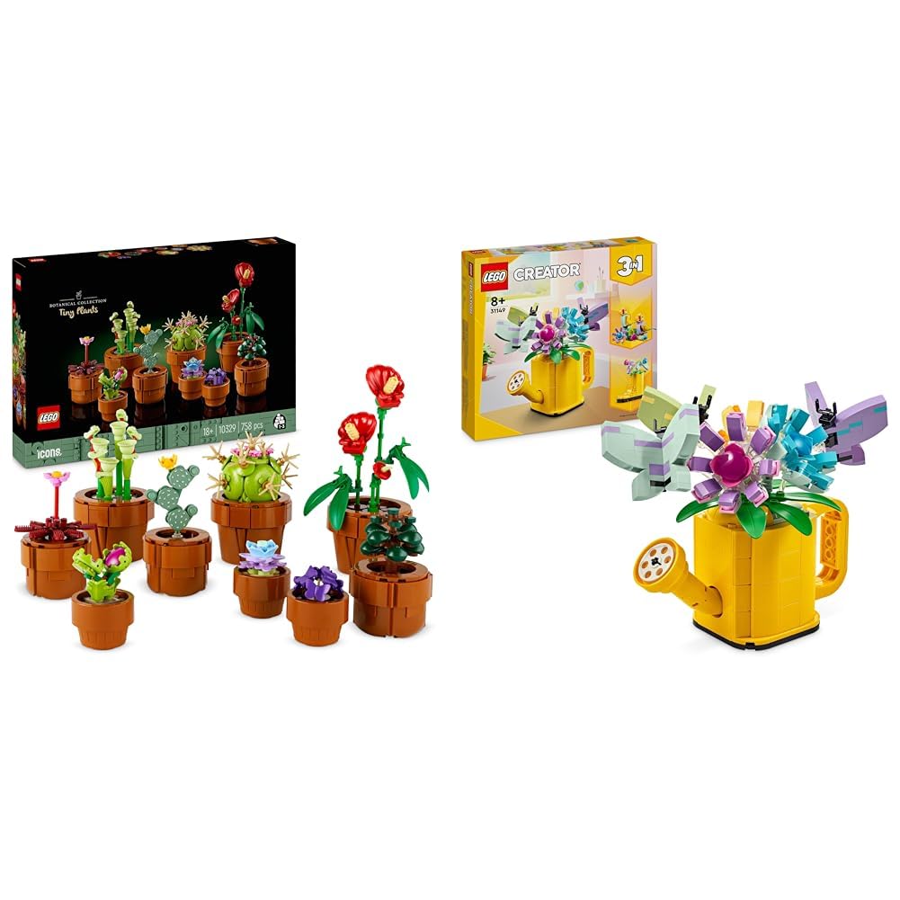 LEGO Icons Mini Plants, 9 artificial flowers to build, Botanical Collection collector's set & Creator 3in1 watering can with flowers set, kids room decor, Build a watering can with flower bouquet