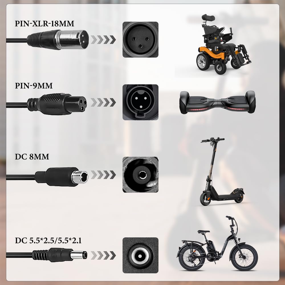 CJBIN Chargers for Scooter, 42V 2A Hoverboard Charging Cable, e Scooter Charging Cable, Hoverboard Charger with 4 Interface Ports, Power Supply Bike Charger for e Scooter Xiaomi M365 Electric Scooter