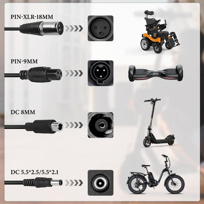 CJBIN Chargers for Scooter, 42V 2A Hoverboard Charging Cable, e Scooter Charging Cable, Hoverboard Charger with 4 Interface Ports, Power Supply Bike Charger for e Scooter Xiaomi M365 Electric Scooter