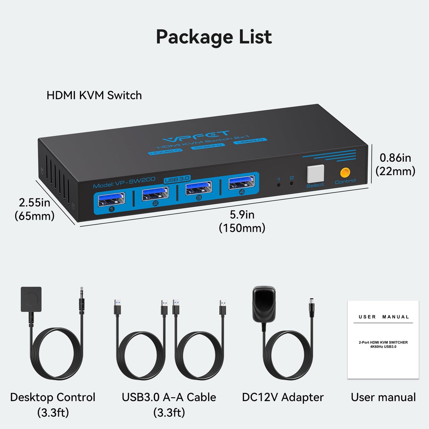USB 3.0 HDMI KVM Switch 2 PC 1 Monitor 4K60Hz KVM switches for two computers sharing 1 set of mouse, keyboard, U-disk printer, support up to 4 USB devices.