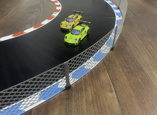 Mesh barrier compatible with Carrera Hybrid race track barrier guardrail