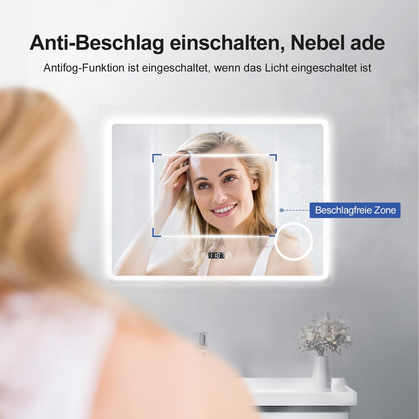 Meykoers LED bathroom mirror with lighting wall mirror 90x70cm bathroom mirror with touch switch fog-free clock and cool white light 6500K energy saving IP44