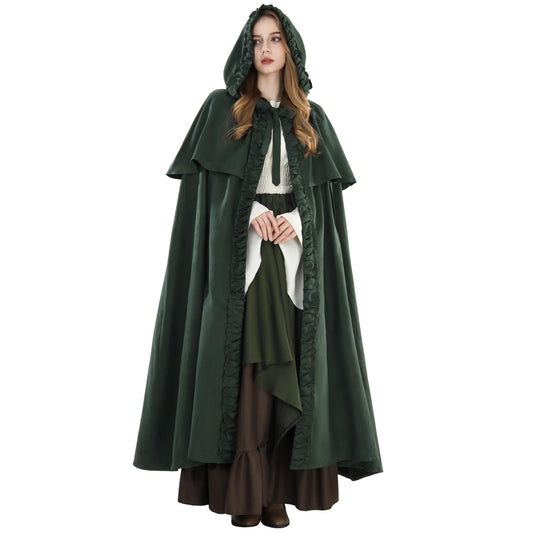 Fiamll Medieval Cloak Women Hooded Coat with Cuff Solid Color Trenchcoat Renaissance Vampire Cloak Gothic Cosplay Cape Carnival Costume Green S