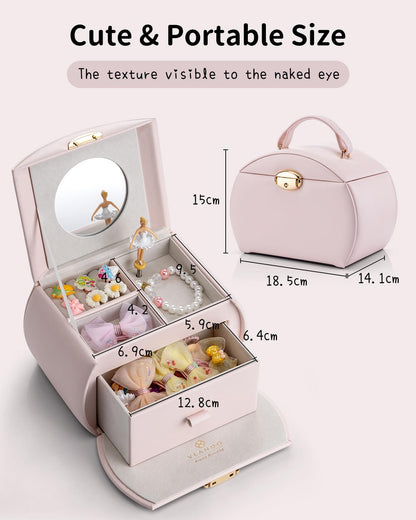 Vlando music box jewelry box for girls with drawers, girl gifts 7 8 years, jewelry storage for kids, ballerina leather jewelry box with canon melody, lockable.