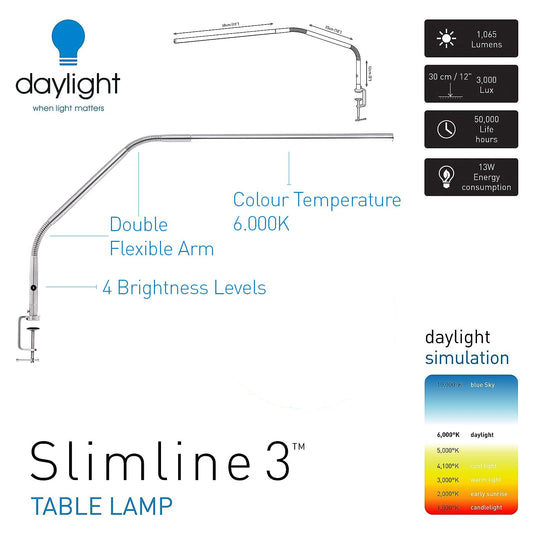 daylight Slimline 3 Table Lamp - LED desk lamp, touch dimmable, perfect for sewing, quilting, PMU & crafts, 13W, White