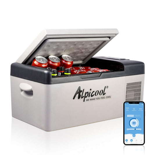 Alpicool C15 15L compressor cooler 12v mini fridge electric camping freezer small portable for car, truck, boat, RV with USB port, -20℃-20℃.