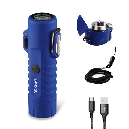 SKRFIRE windproof lighter, double arc lighter, plasma lighter with LED flashlight, rechargeable USB lighter, flameless electric lighter suitable for camping, hiking (Blue)