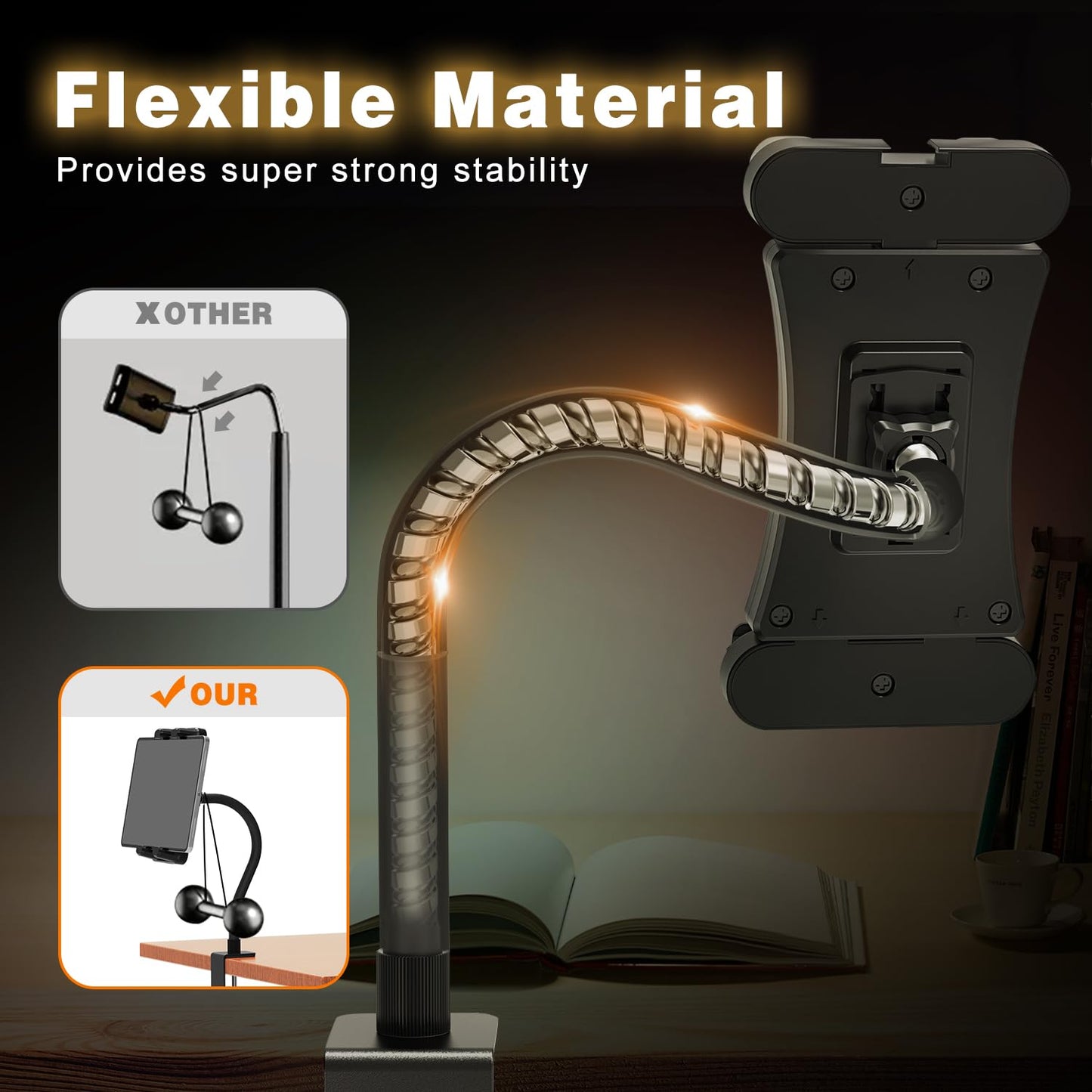 JUBORUI Tablet Stand Table, iPad Stand Table with Metal Swivel Arms, 360° Rotatable Tablet Stand, Tablet Stand for iPad mini, all 4.7-13.5 inch Tablets