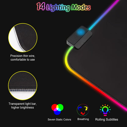 RGB gaming mouse pad 800x300mm XXL gaming mouse pad large with 14 lighting modes 7 LED colors waterproof anti-slip for computer PC professional gamers, black