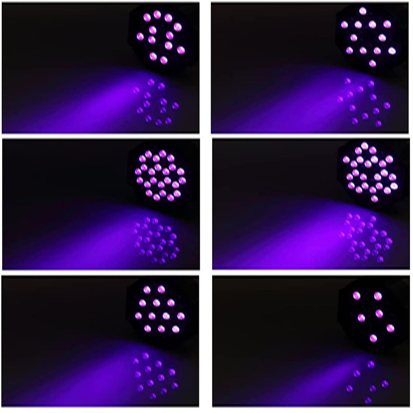 4 Blacklight UV Par Lights 36 LED DMX512 with remote control black light lamp with color changing via sound/auto disco light for DJ party bar Halloween wedding artistic photos.