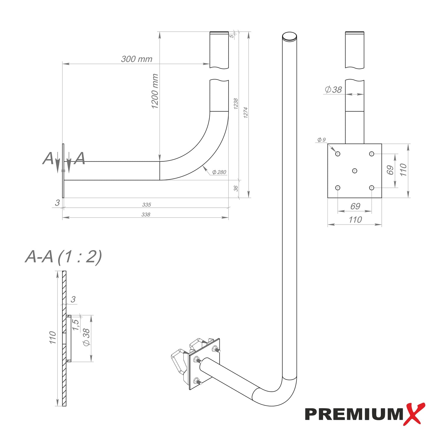 PremiumX 30cm wall bracket 120cm mast steel Ø 38mm with toothed clamps weather station wall mount extra long.