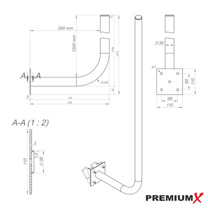 PremiumX 30cm wall bracket 120cm mast steel Ø 38mm with toothed clamps weather station wall mount extra long.