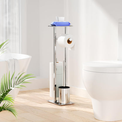 Stainless Steel Freestanding Toilet Paper Holder with Toilet Brush - Toilet Paper Holder with Tray, Toilet Paper Holder with Toilet Brush, Toilet Roll Holder with Glass Shelf (Silver)