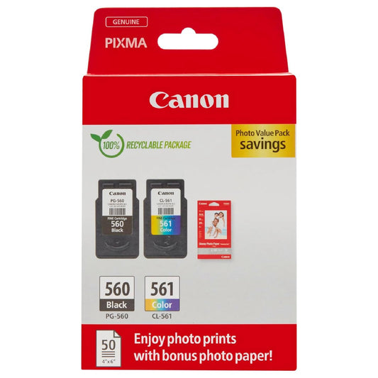 Canon Ink & Paper Multipack - PG-560/CL-561 Original Printer Ink Cartridges 2-Pack (1 x Black, 1 x Color) & 4x6 Photo Paper (50 Sheets)