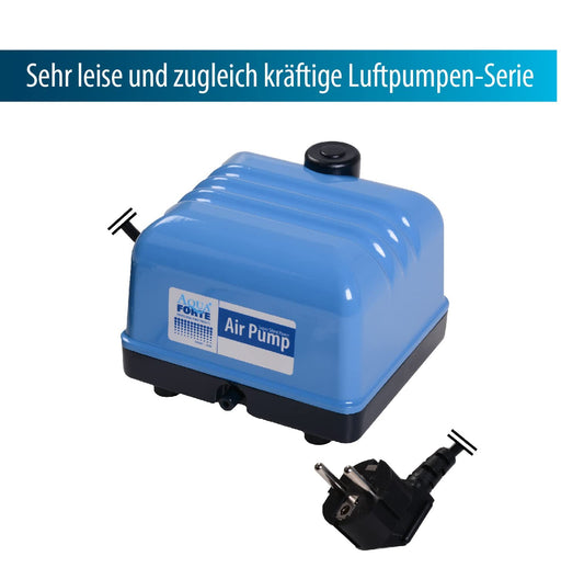 AquaForte Hi-Flow V-30 air pump, aluminum housing, quiet and powerful, 25 Watt power, capacity of 7 liters per minute at 2 meters, maximum pond capacity of 18 m3, non-adjustable.