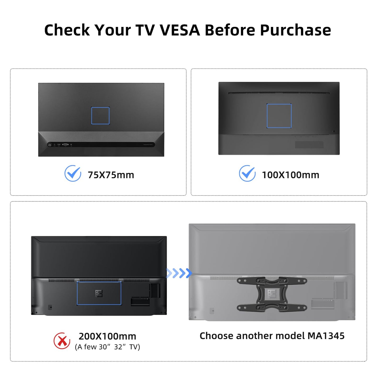 suptek TV wall mount swivel tilt rotation for 15-32 inch flat & curved TVs or monitors, holds up to 13kg. VESA 100x100mm/75x75mm.