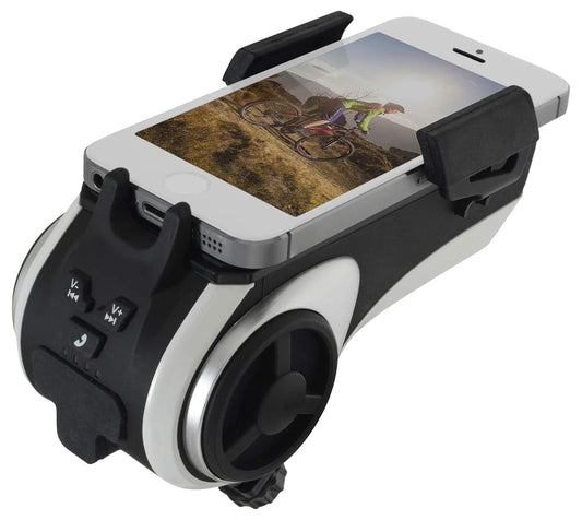 FISCHER smartphone holder with music box and power bank for bicycles, universal holder for smartphones with 50 - 90 mm width.