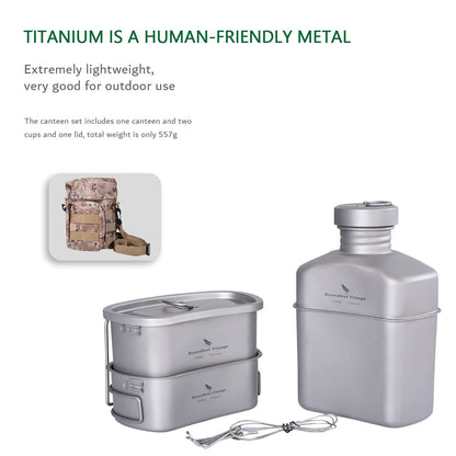 iBasingo Titan Field Bottle Set - Lightest Military Cookware 1100ml water bottle, 750ml & 400ml pot with lid, hanging steel wire & camouflage pouch. Cookware for outdoor camping hiking Ti2049C