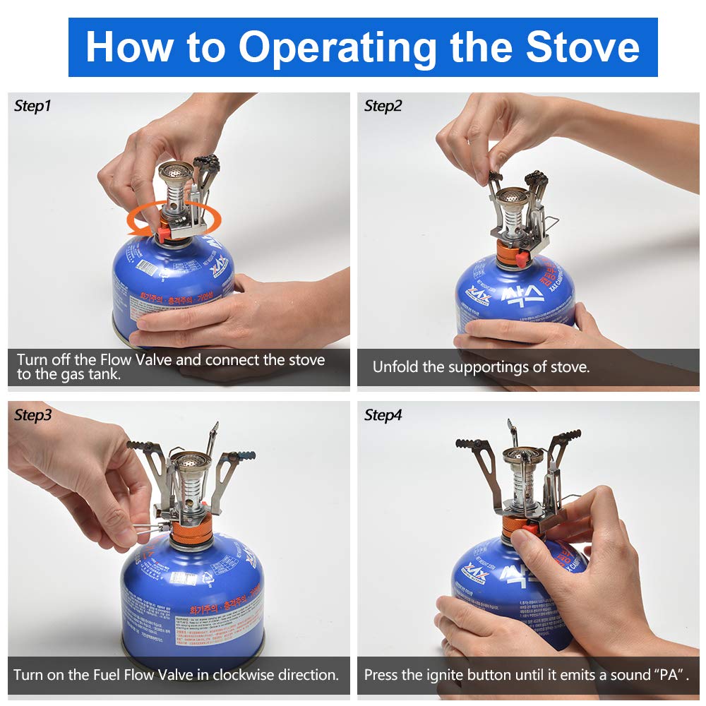 Odoland cookware set for 1-2 people, includes mini gas stove, portable aluminum pot, teapot, cups, foldable utensils. Perfect for camping, outdoor picnics, and hiking.