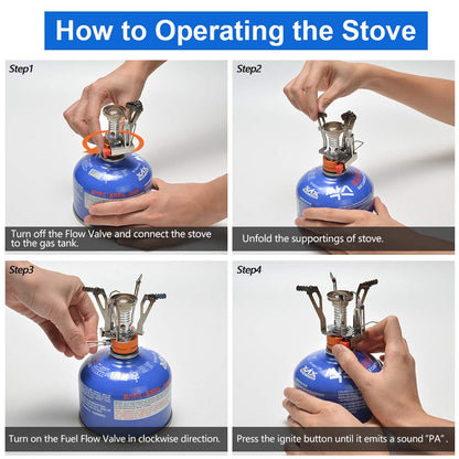 Odoland cookware set for 1-2 people, includes mini gas stove, portable aluminum pot, teapot, cups, foldable utensils. Perfect for camping, outdoor picnics, and hiking.