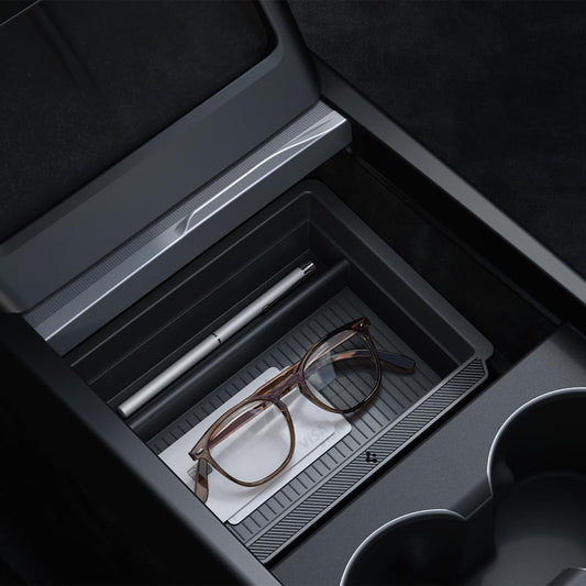 Spigen Tesla Model Y 2025 Juniper Model 3 Highland 2024 2025 Center Console Organizer with Smooth Slide Technology. Storage box armrest tray accessory for Model Y Juniper and 3 Highland - Carbon.