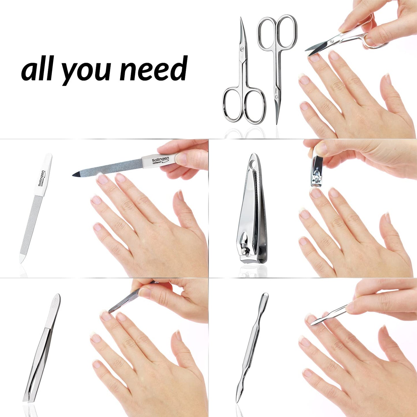 marQus Solingen Manicure Set for Men and Women 7 Pieces with Nail Clippers - Made in Germany for Hand and Foot Care - Genuine Leather Case Handy and Soft.