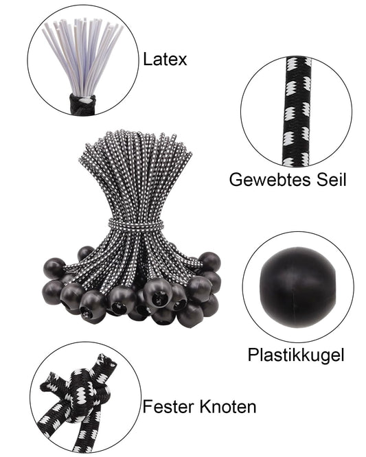 WMZOBH Elastic Ball Bungees 15cm, 100 pcs Tarp Ball Bungee Cords, Short Elastic Cords for Tarps, Tent Ball Bungees with Ball, Black Tarp Bungee Cords for Tents