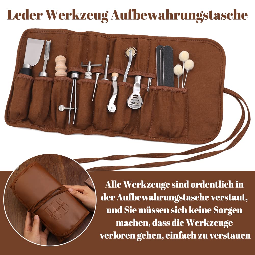 Leather craft tools, 37-piece leather sewing set, leather craft tool set for leatherworking with storage pouch for cutting, punching, sewing, carving