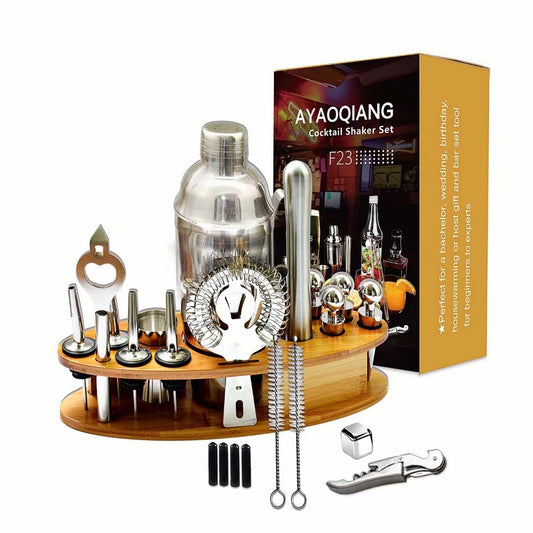 Cocktail shaker gift stainless steel 23 piece cocktail set bar accessories cocktail set 750 ML cocktail shaker with wooden stand for bartender men and women, perfect for home or bar.