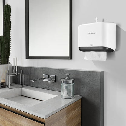 Modunful Paper Towel Dispenser Wall Mounted Paper Towel Holder without drilling for wall mounting, towel dispenser for Z/V-folded M-folded paper towels Paper towel holder for bathroom White
