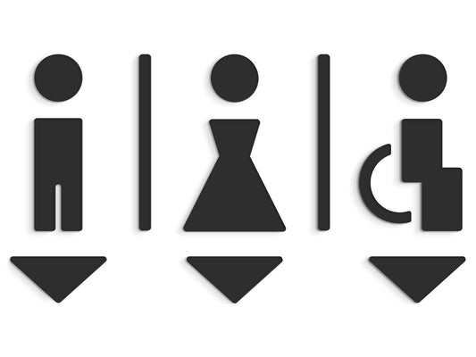 3DP Signs - Embossed Toilet Design Door Sign SA113 Black self-adhesive restroom signs - Modern ladies' restroom sticker bathroom sign for doors - Man, woman, and wheelchair user accessible toilet sign