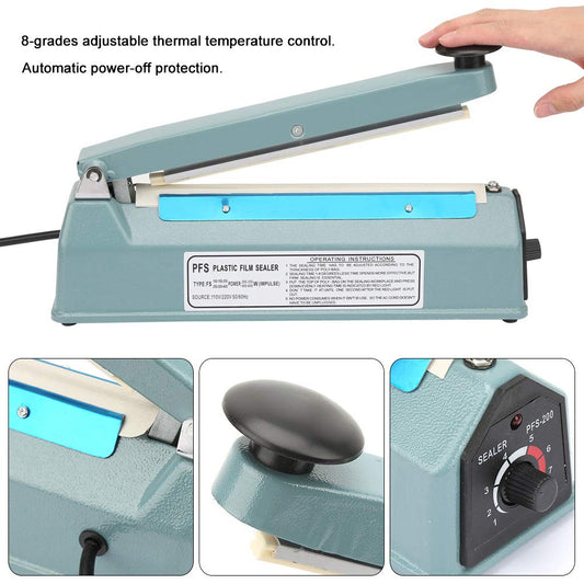 8-inch Impulse Heat Sealer, 300W manual vacuum sealer, food sealing machine for storing food, adjustable 8-level temperature, automatic shut-off function.