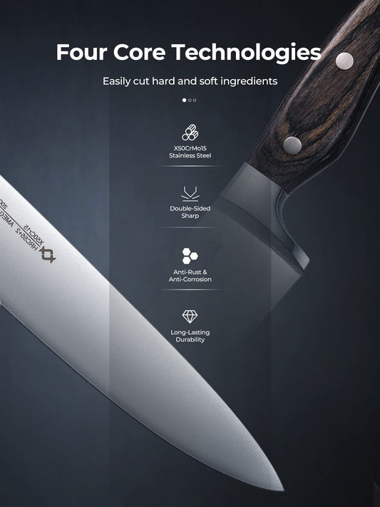 AMEGAT 15-piece knife block set with self-sharpening knife block and carving fork, wooden handle in full tang design and 3-rivet design. High-quality stainless steel chef's knife set with wooden block.